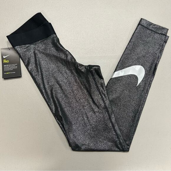 Nike Pro Leggings Training Pants Black Silver Shimmer Big Swoosh Logo NWT XS - Picture 1 of 6